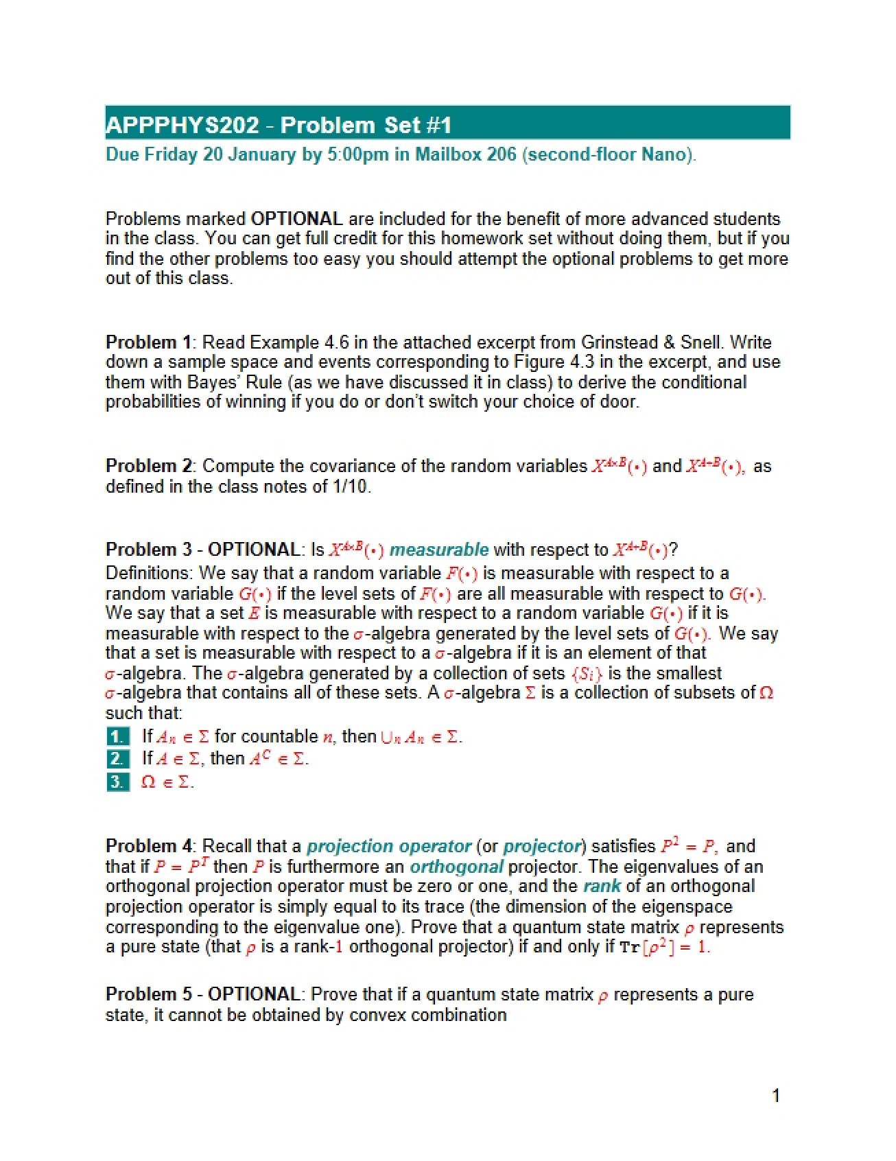 Quantum Probability and Information Problem Set #1