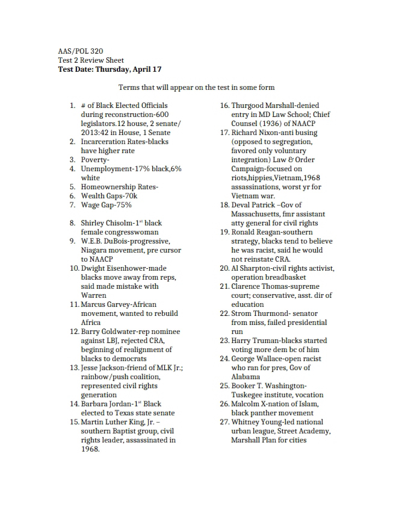 Review Sheet for Test Two