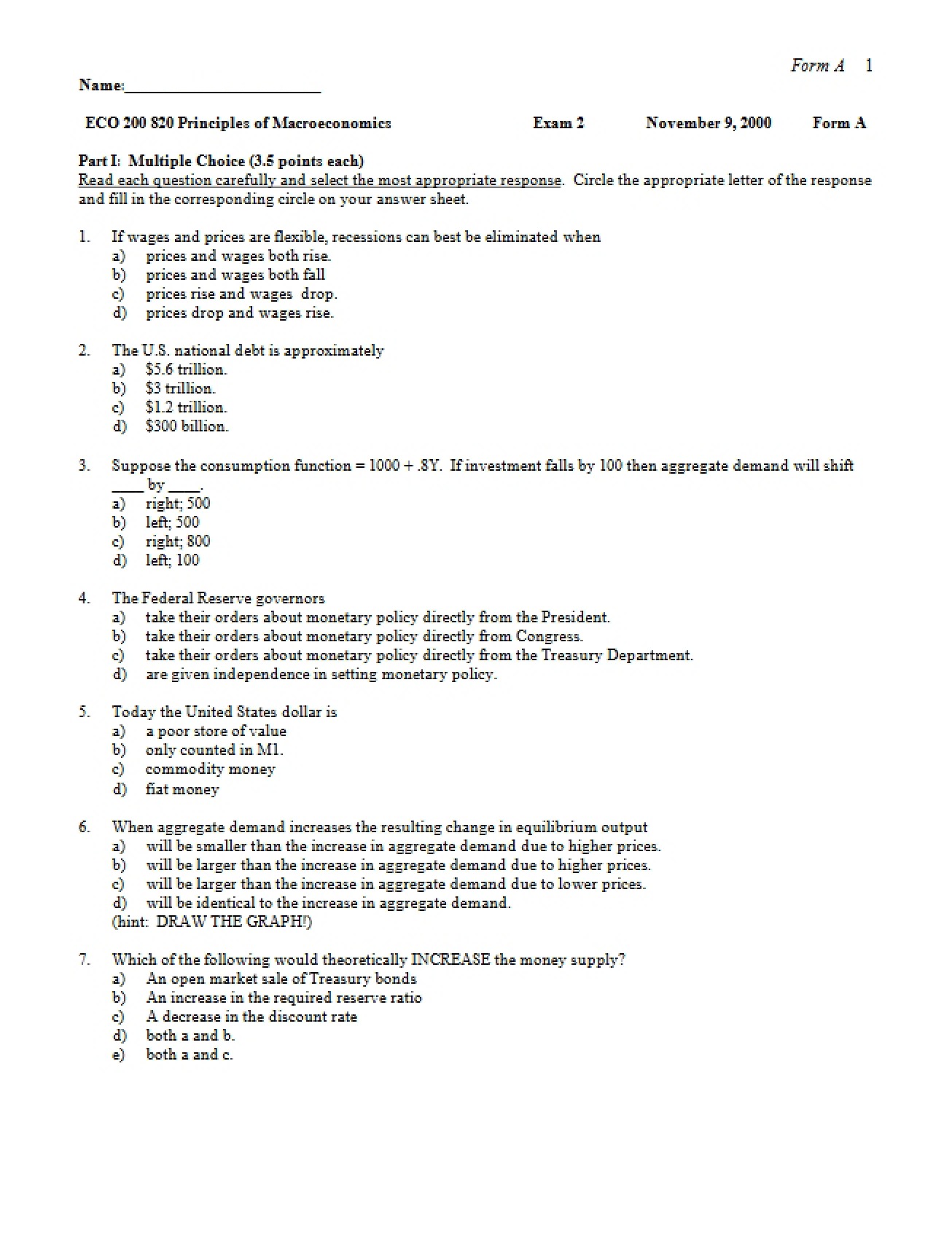 Second Examination for Principles of Macroeconomics