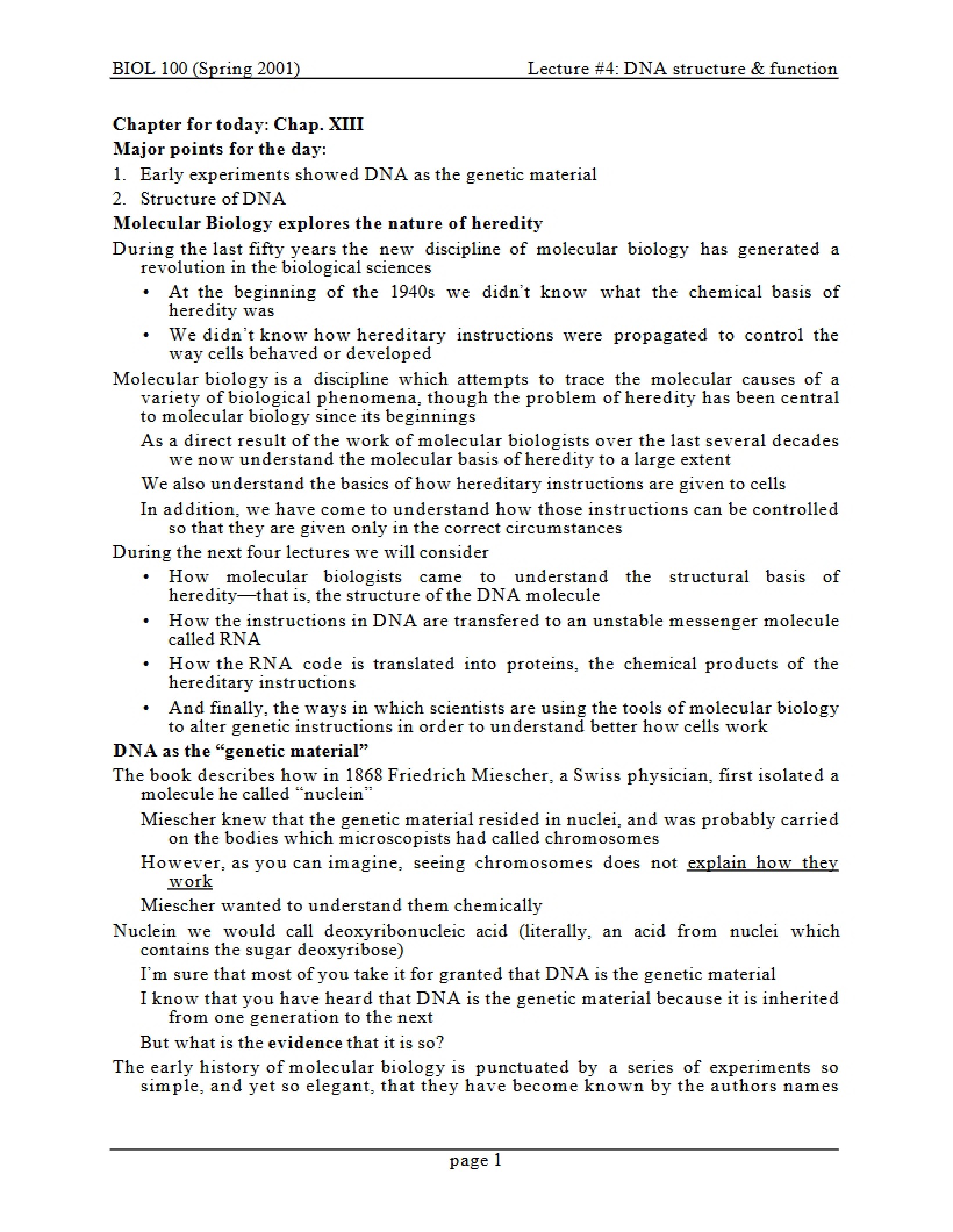 Function and Structure of DNA Lecture Four