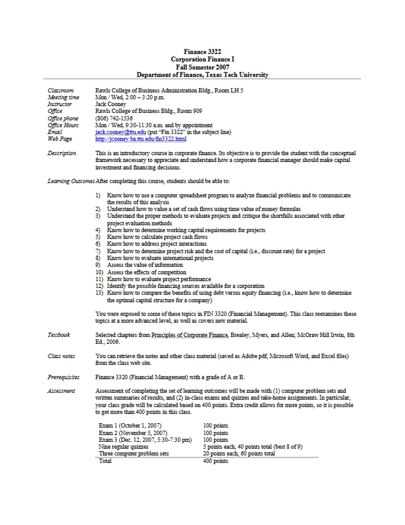 Finance 3322 Syllabus - 5 Pages