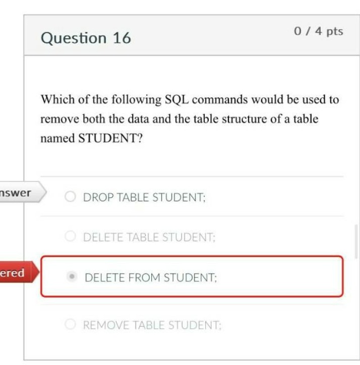 Question 16 - SQL Commands for Removing Data and Table Structure