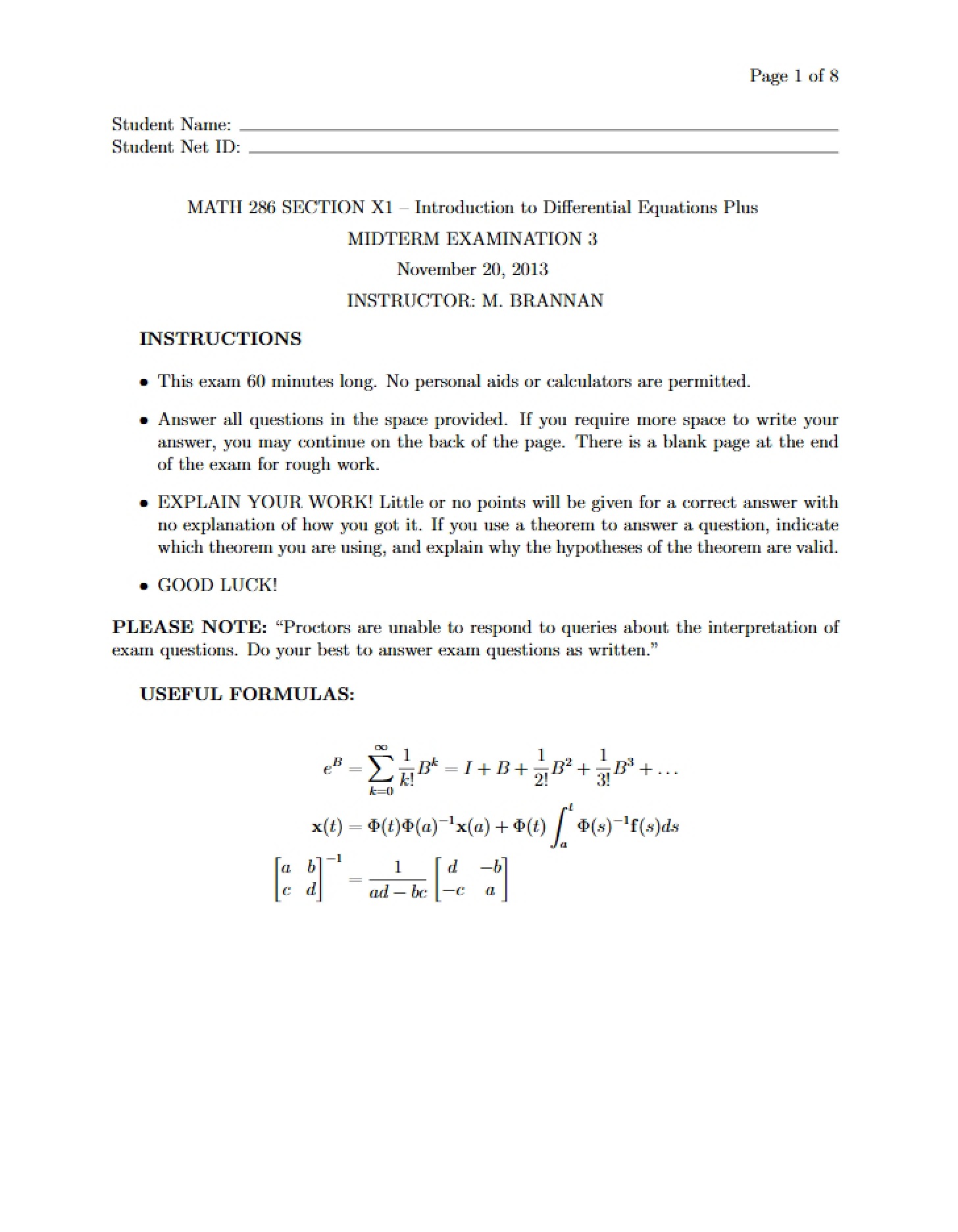 Key for Midterm 3 2013