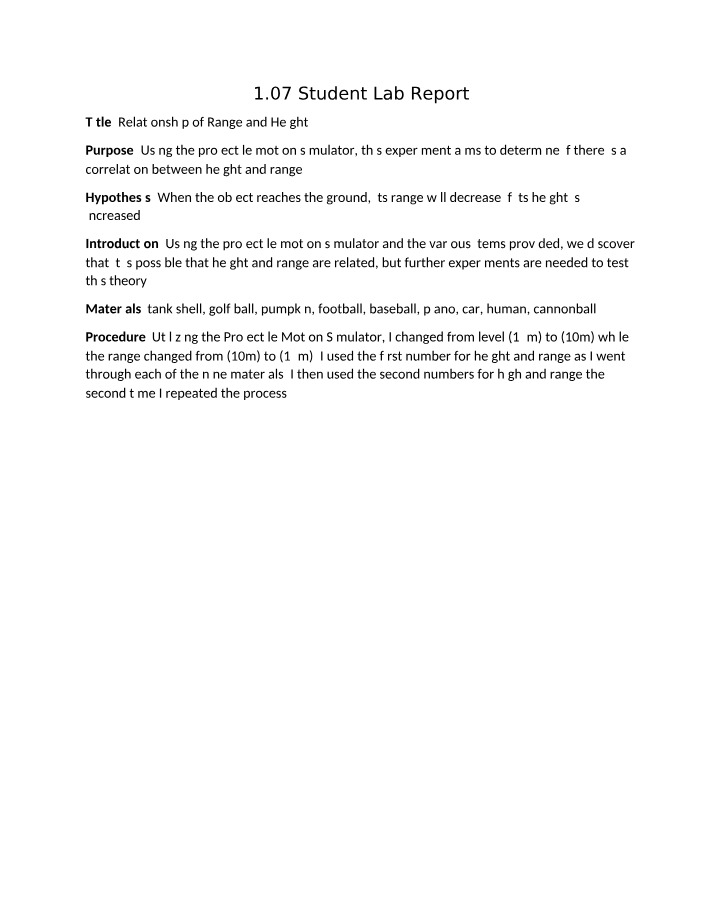 Projectile Motion Lab Report - Relationship Between Height and Range
