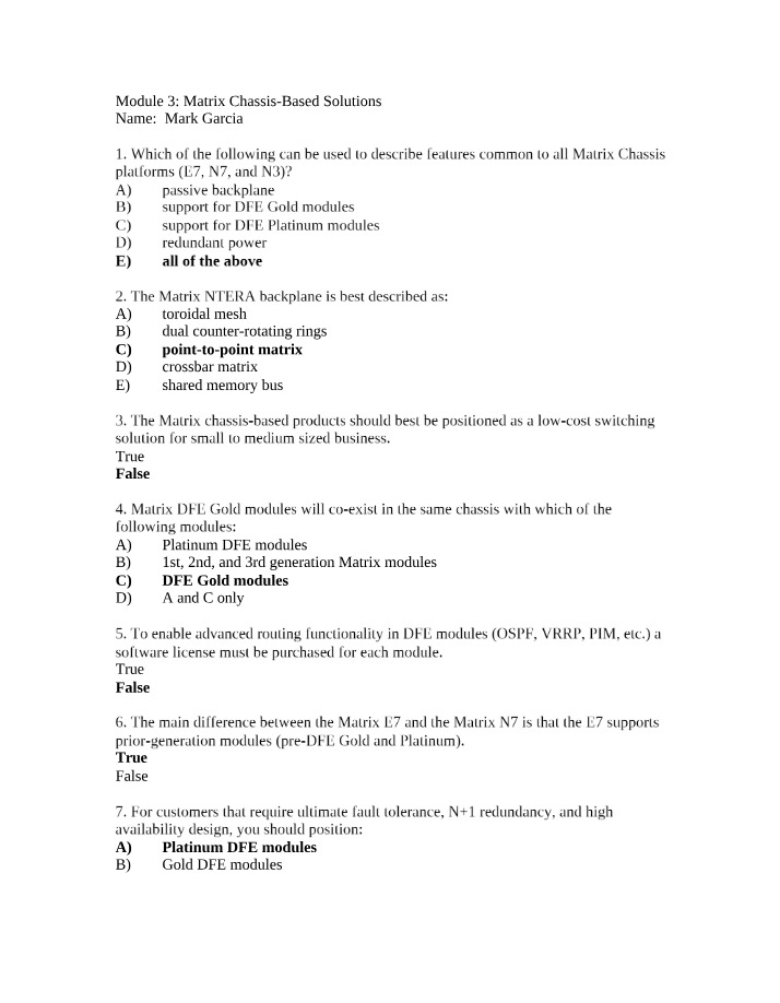 Exam Questions on Matrix Chassis-Based Solutions, Modules, and Backplanes