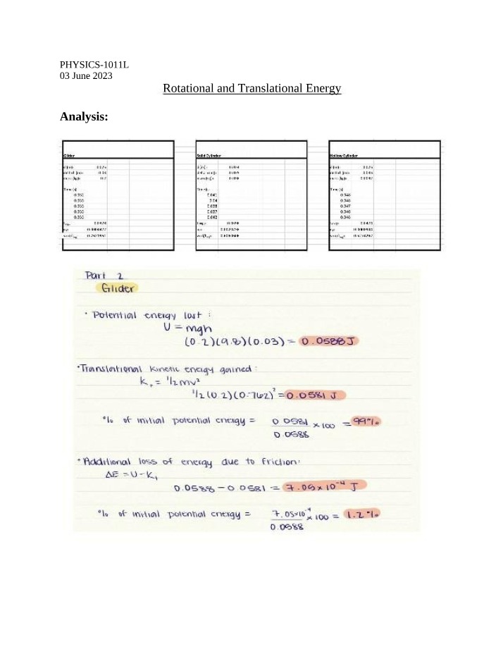 Analysis of Rotational and Translational Energy