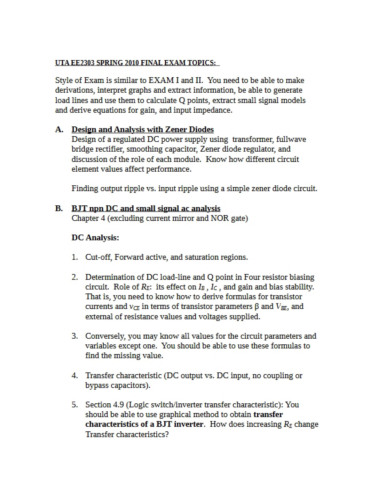 Topics for Final Exam (EE 2303)