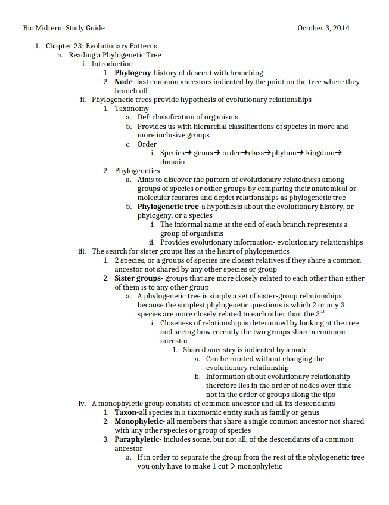 Study Guide for the Biology Midterm