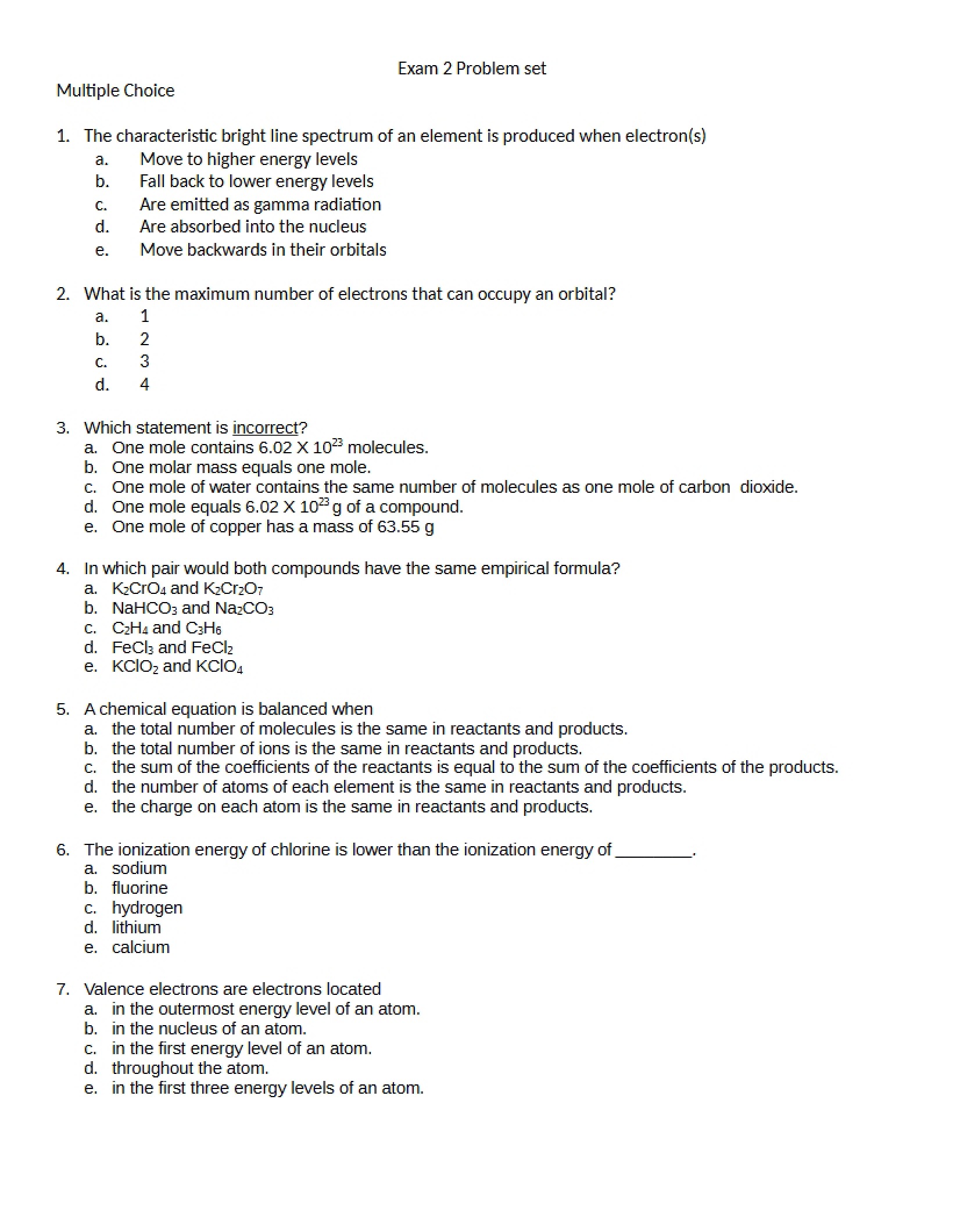 Problem Set for Second Exam