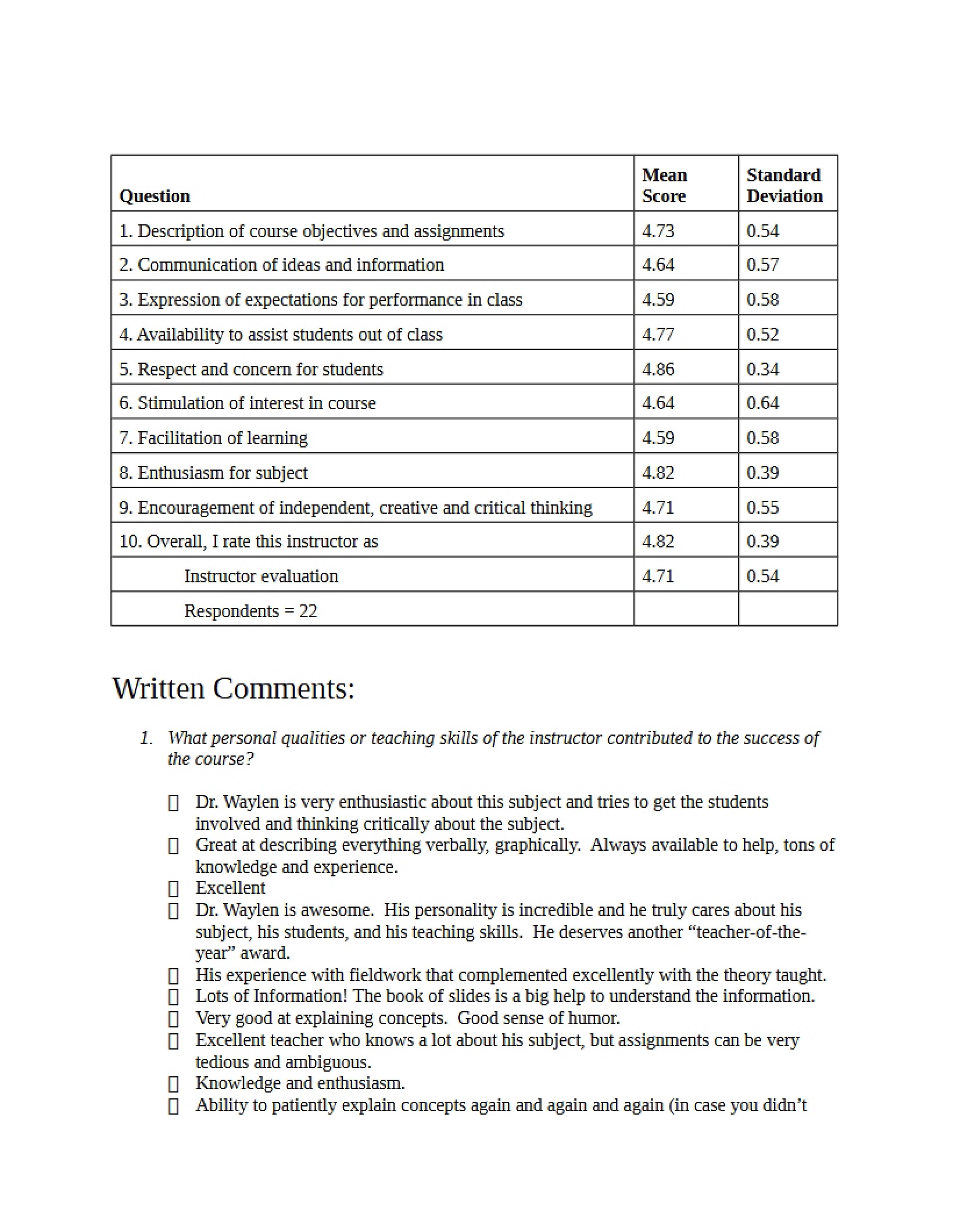 Comments on Teaching 2005