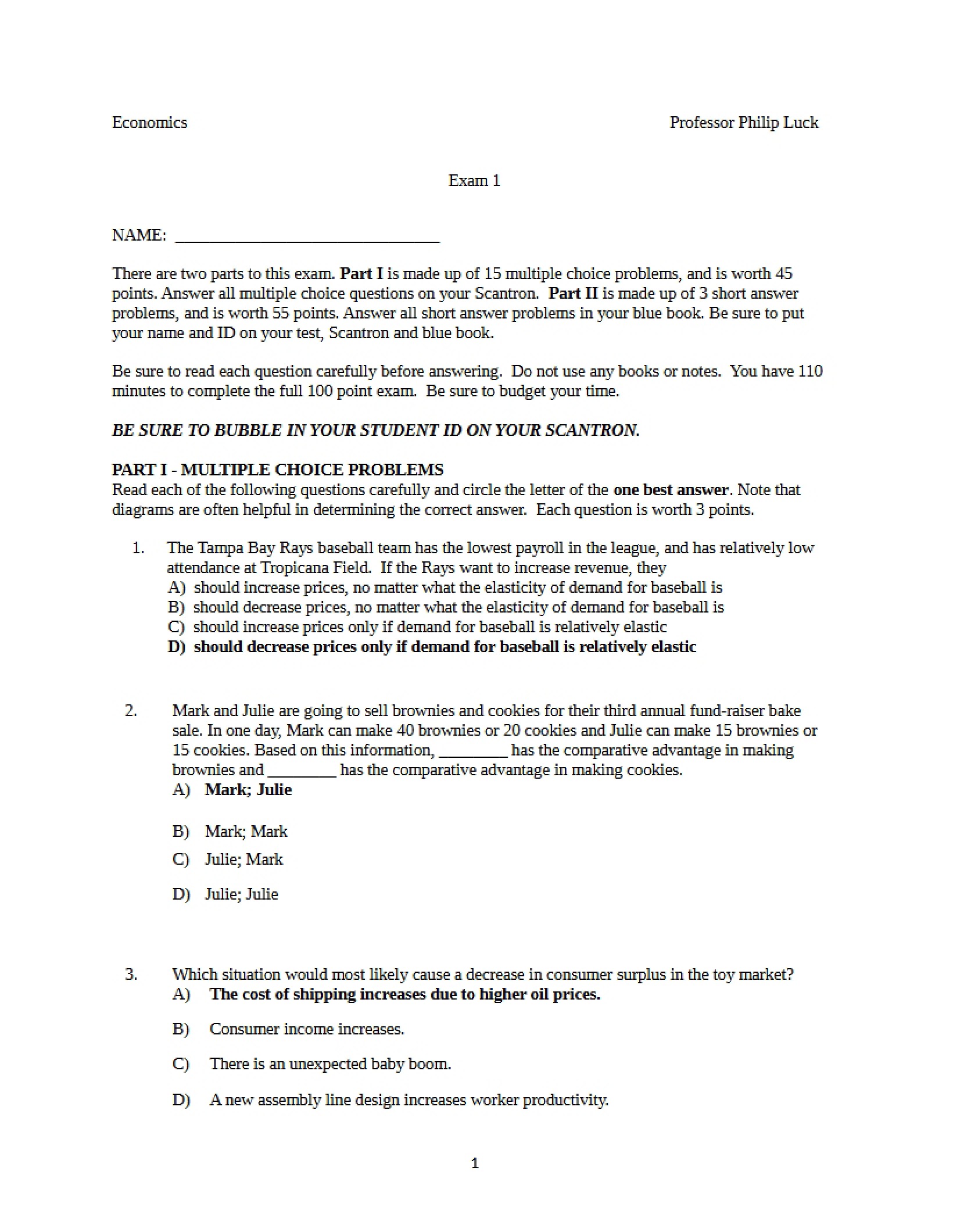 Answer Key for First Midterm