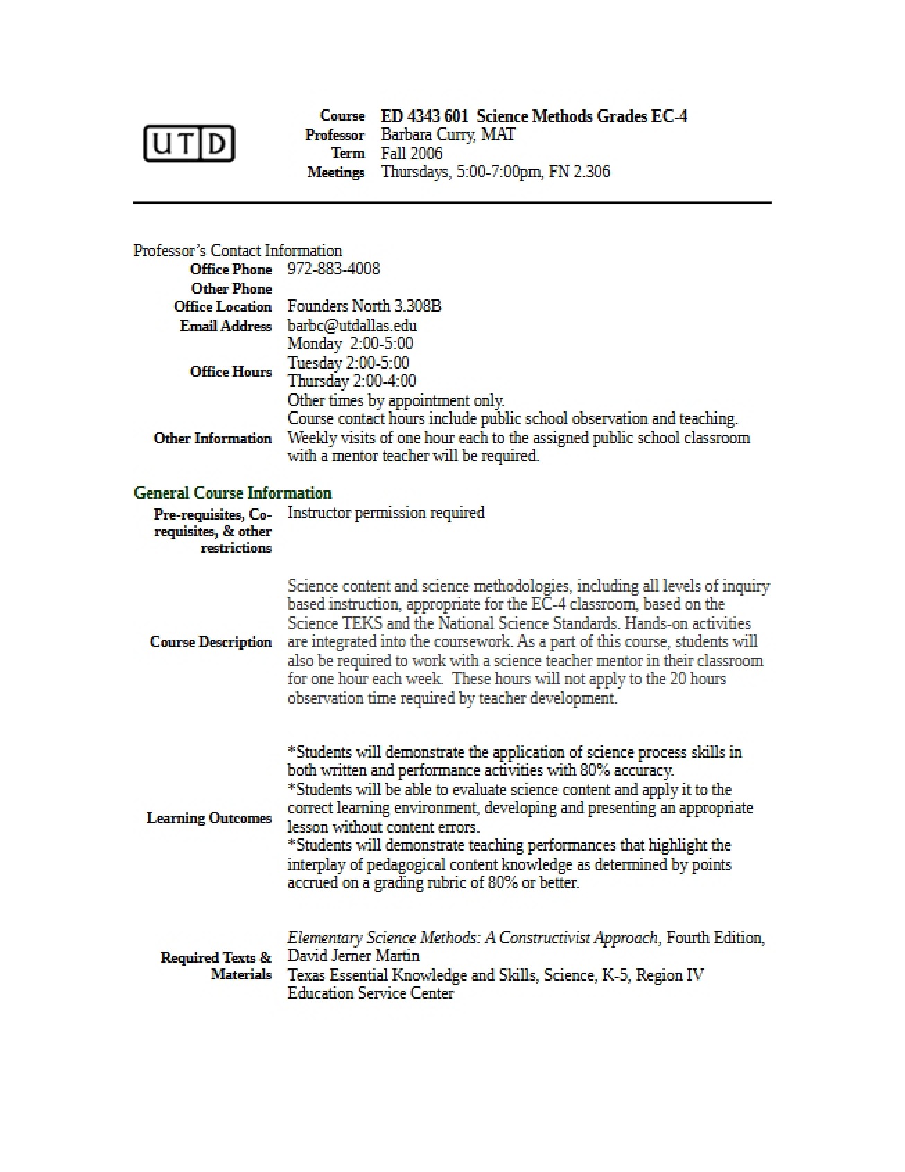 Syllabus for Science Methods (Grades EC-6) - 8 Pages