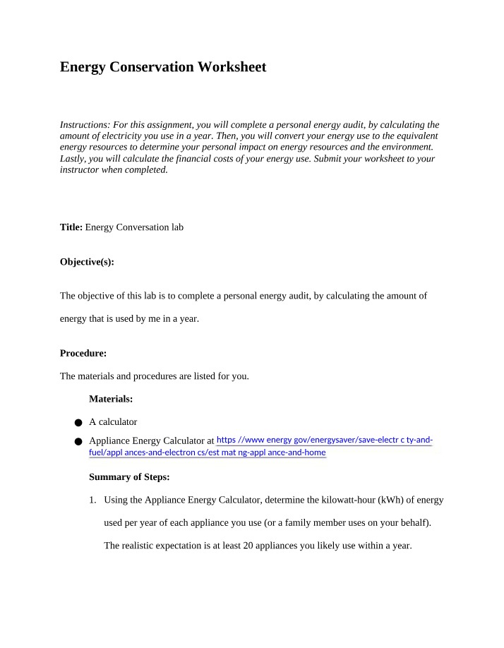 Energy Conservation Worksheet Part 2