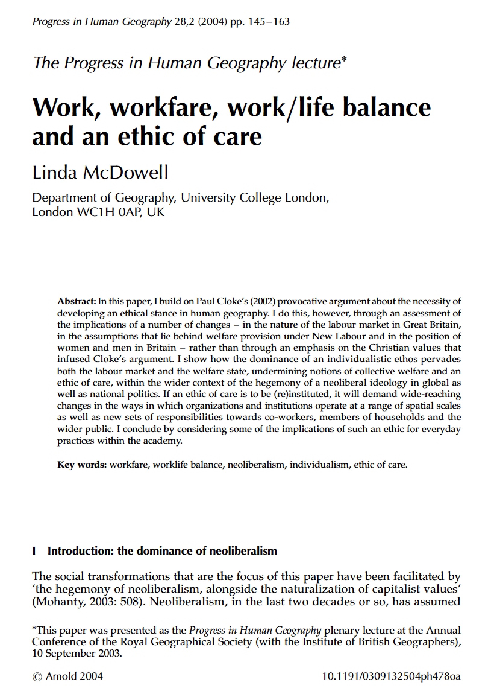 Ethic of Care, Work-Life Balance, and Workfare