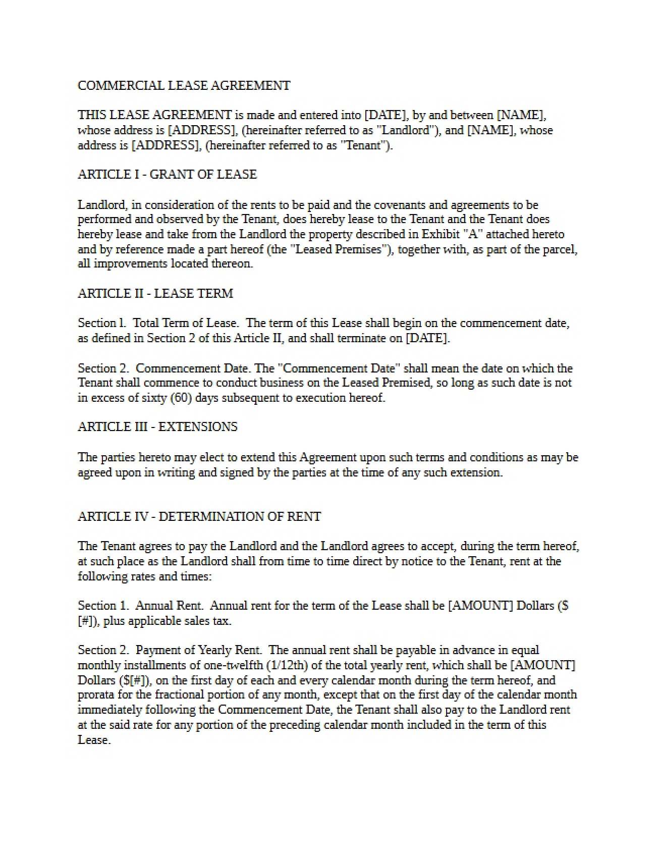 Agreement for Commercial Lease