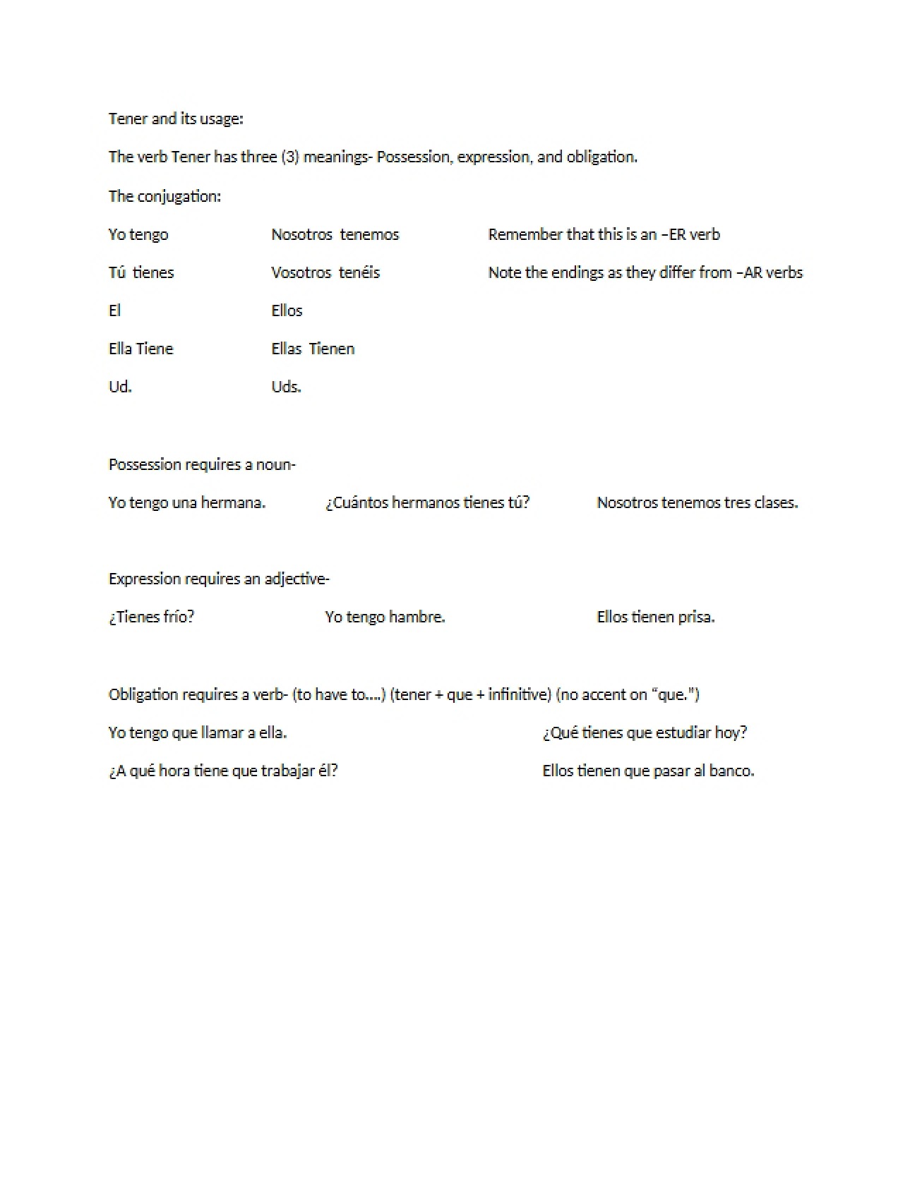 General Notes for Conversational Spanish
