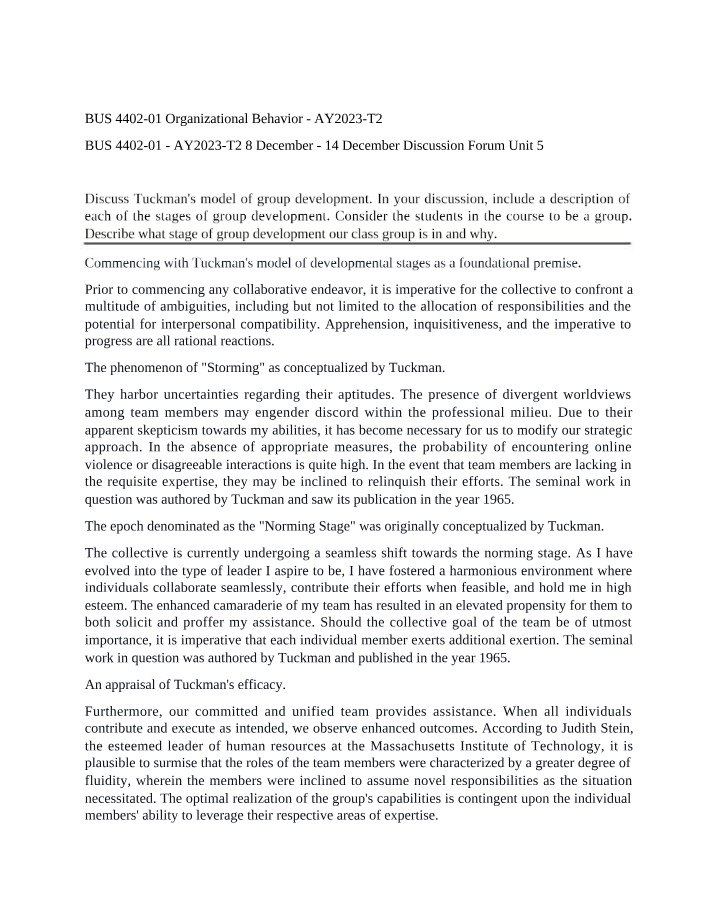 Organizational Behavior - Unit 5 Discussion Forum (Dec 8-14, 2023)