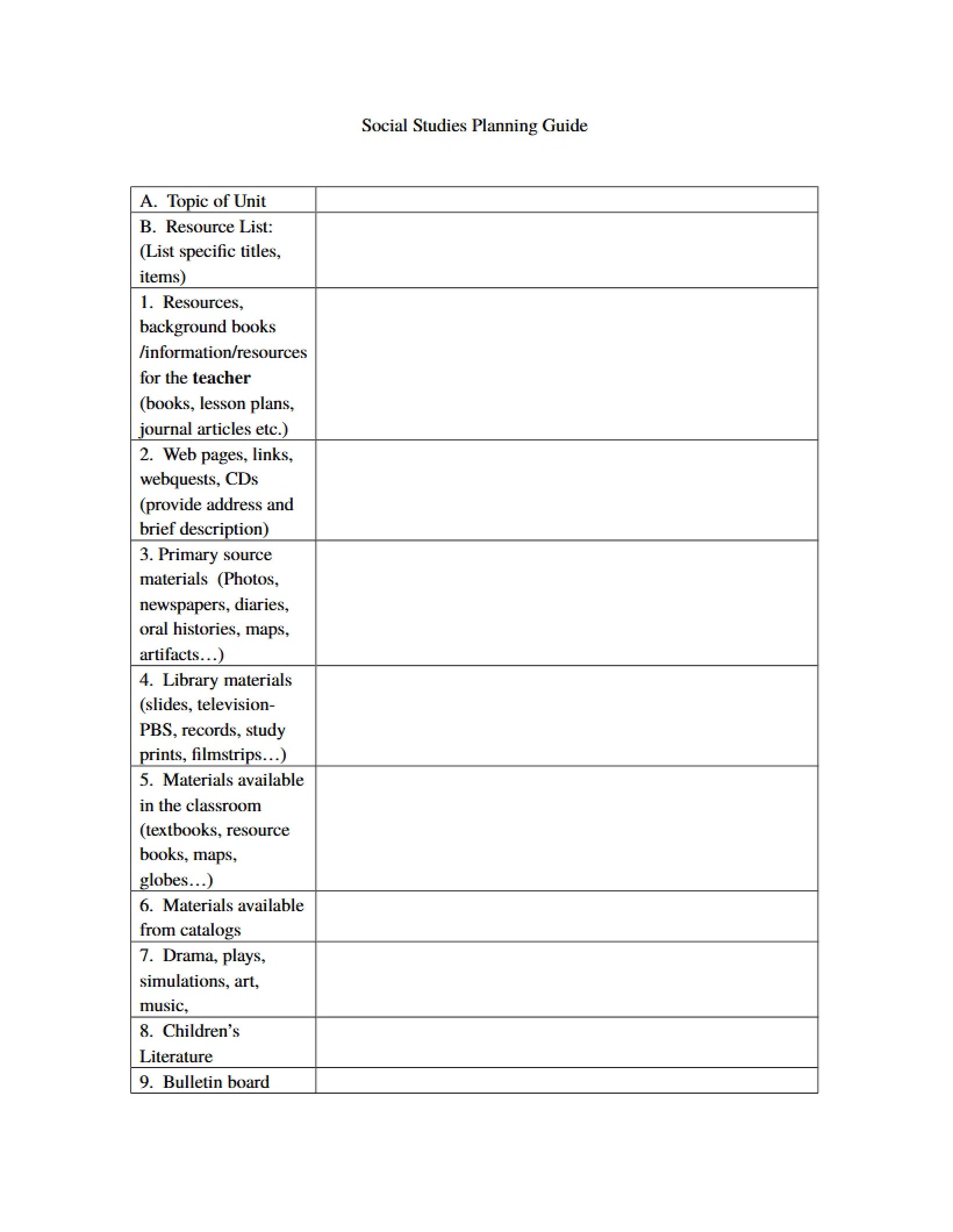 Planning Guide for Social Studies