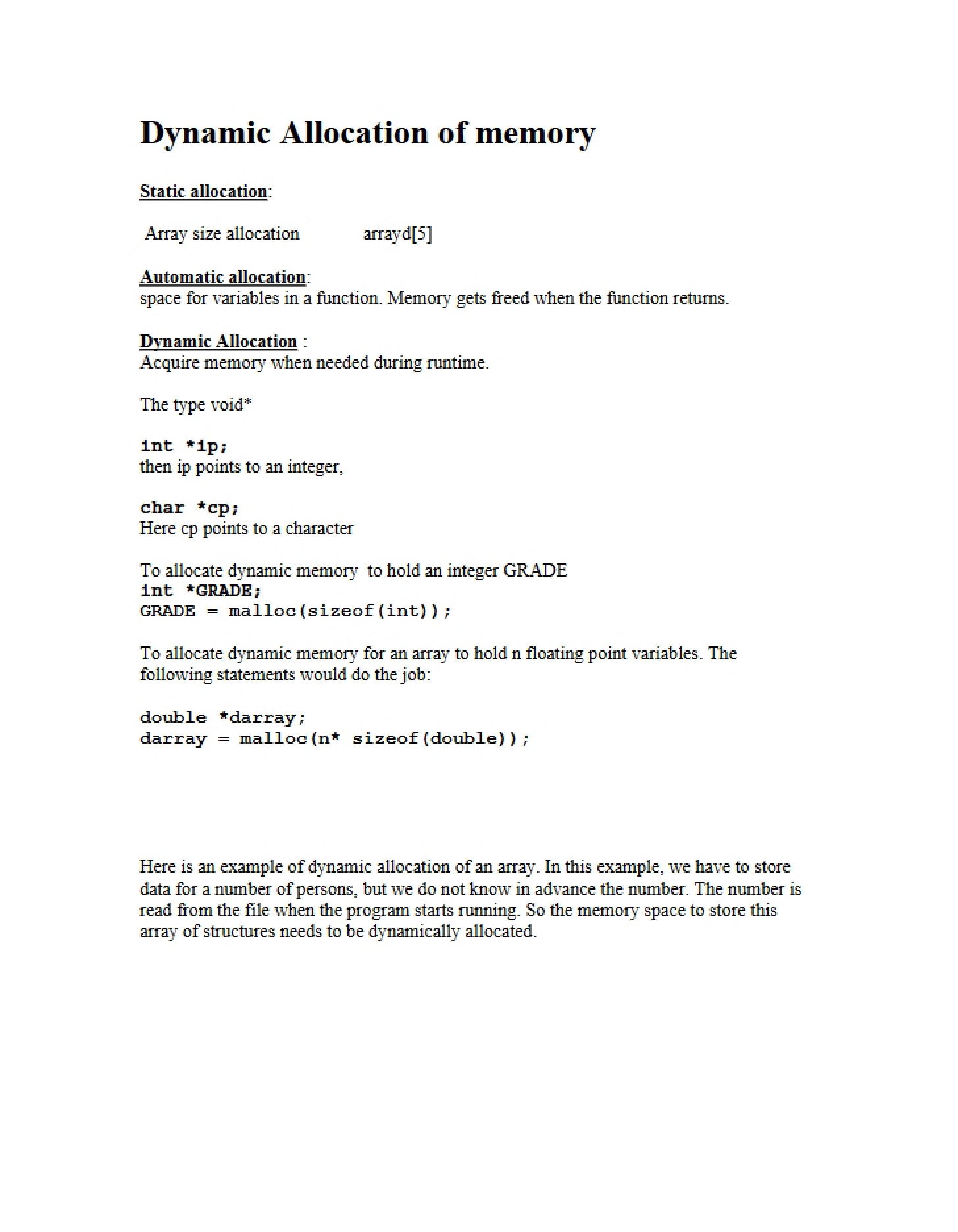 Memory Dynamic Allocation