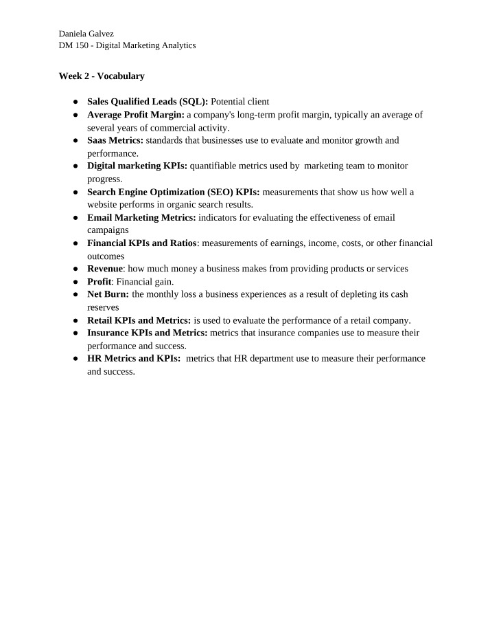 Digital Marketing Analytics Vocabulary - Week 2