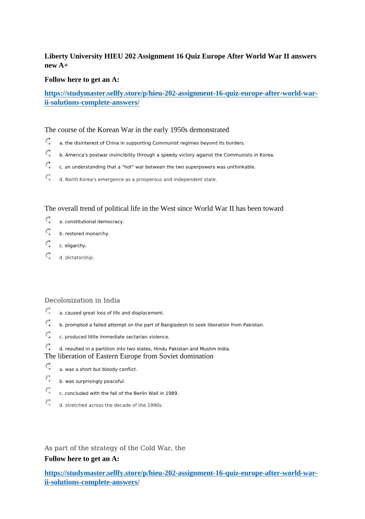 Assignment 16 Quiz - Europe After World War II