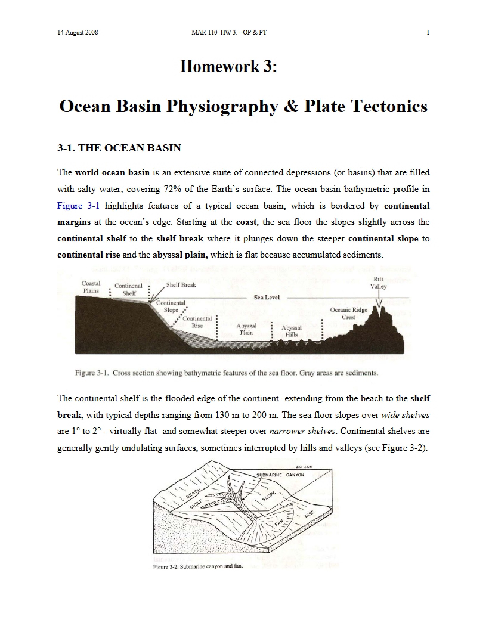 Homework Three Plate Tectonics and Ocean Basin Physiography