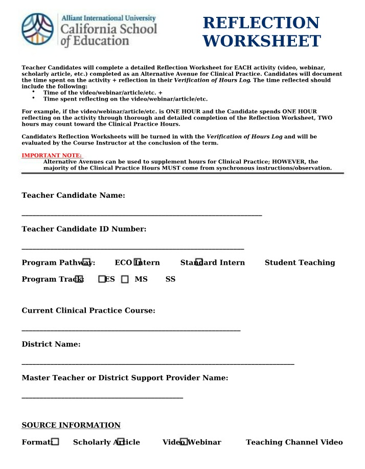 Worksheet for Reflection