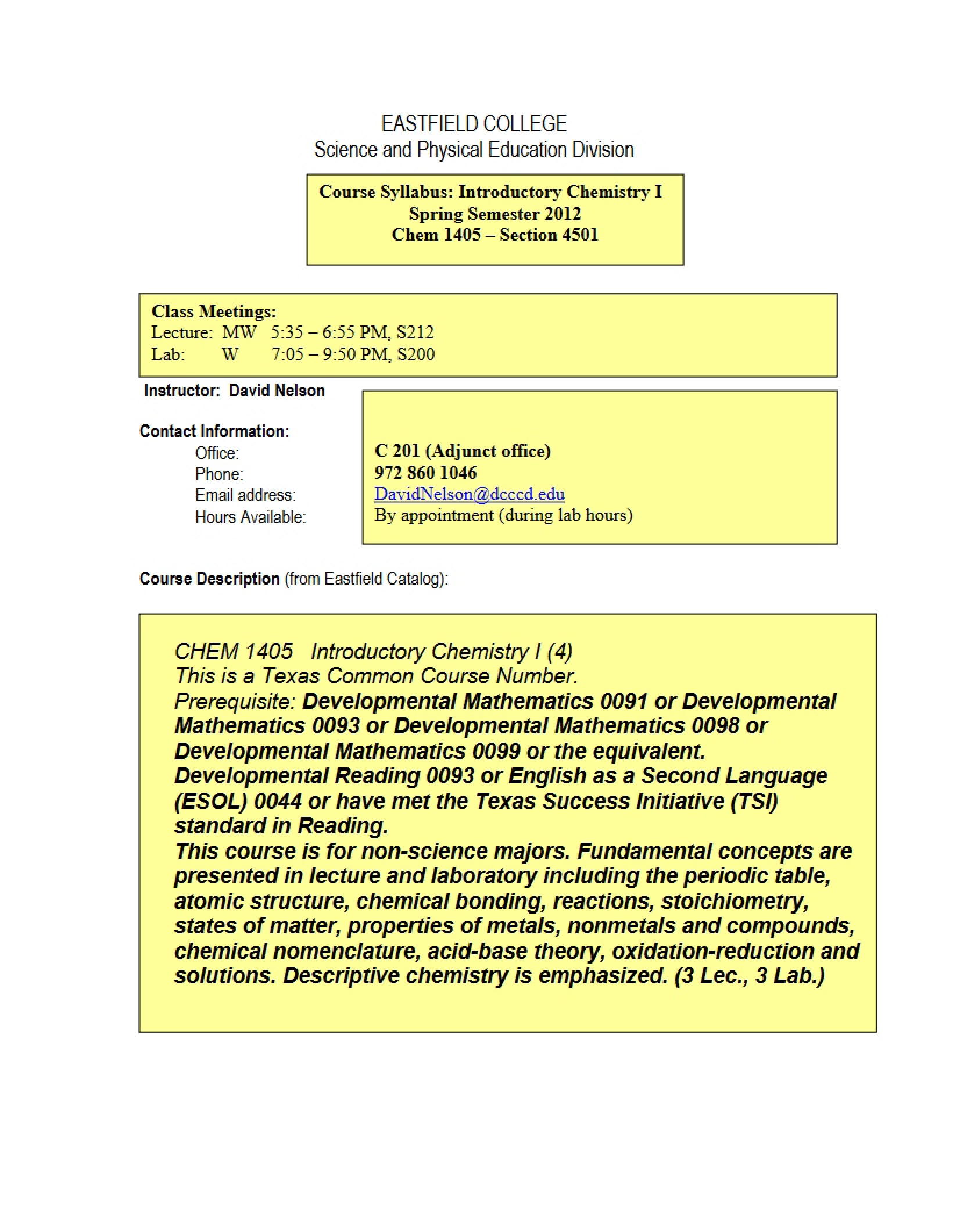 Syllabus - Introductory Chemistry I