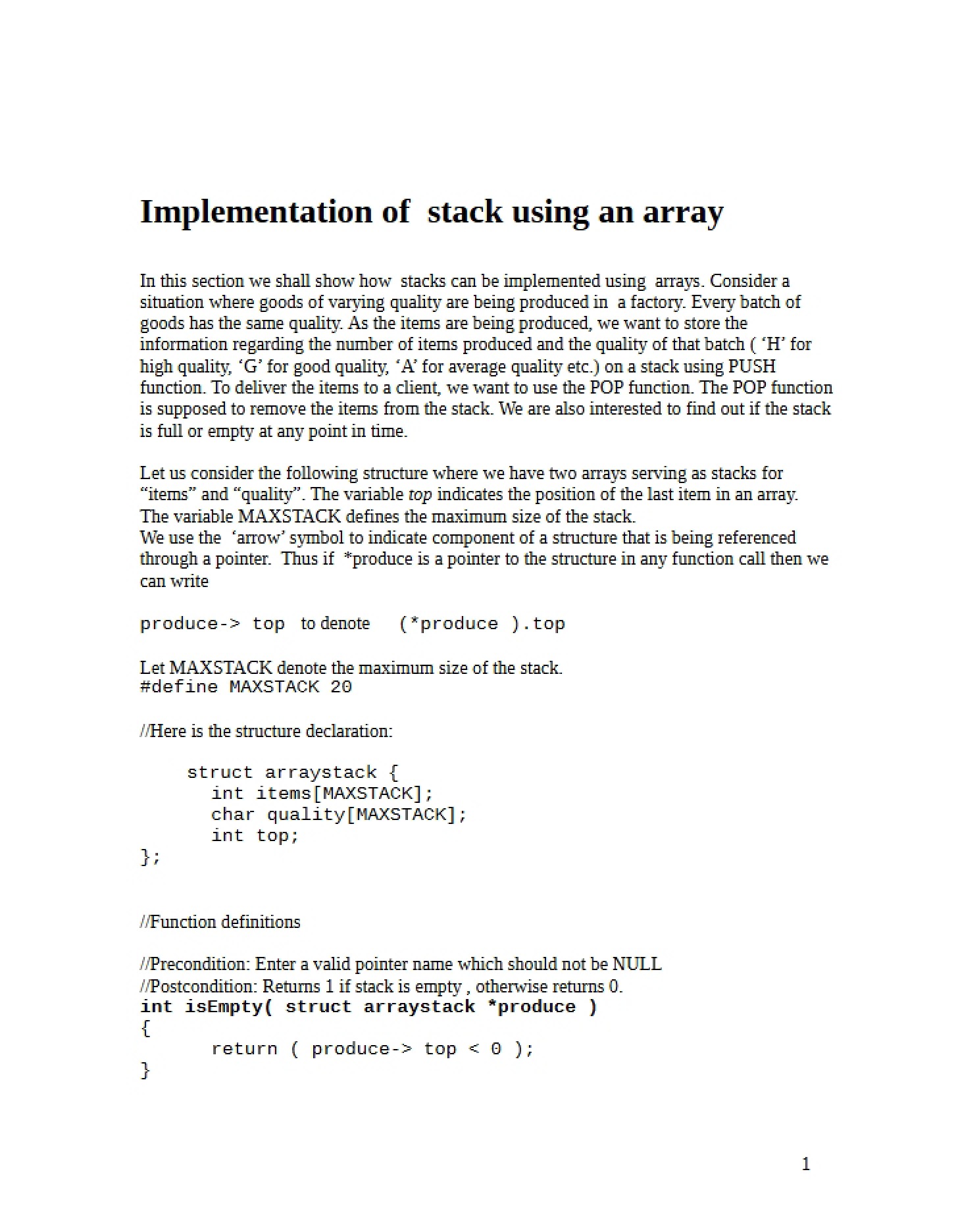 Stack Implementation via Arrays