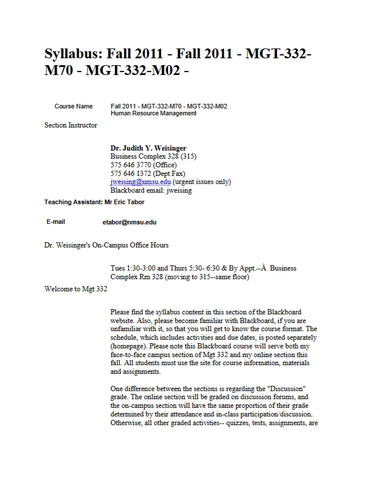 Human Resources Management Course Syllabus
