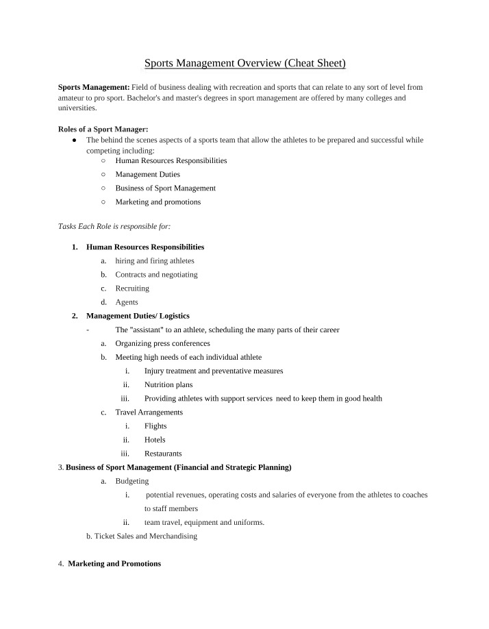 Sports Management Cheat Sheet