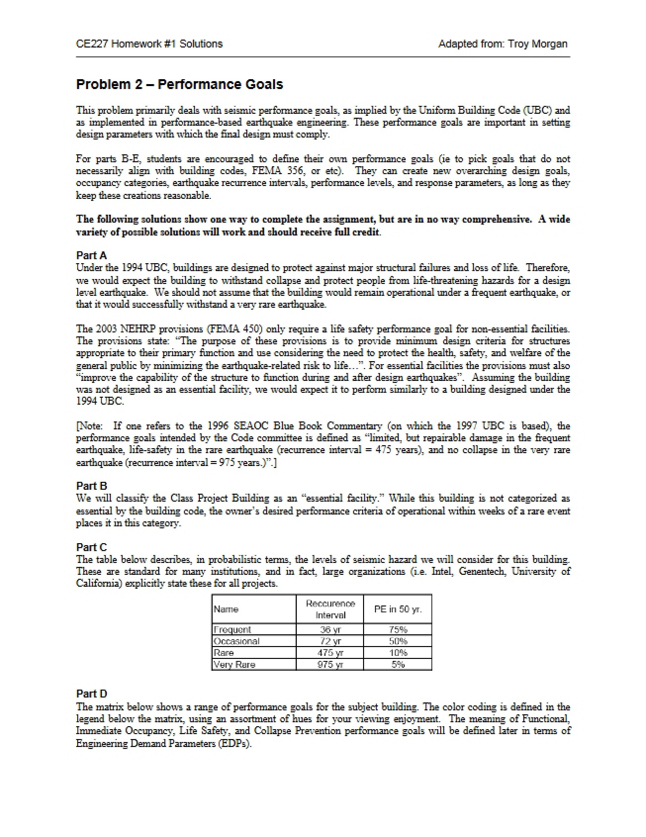 Seismic Performance Goals (Problem 2)