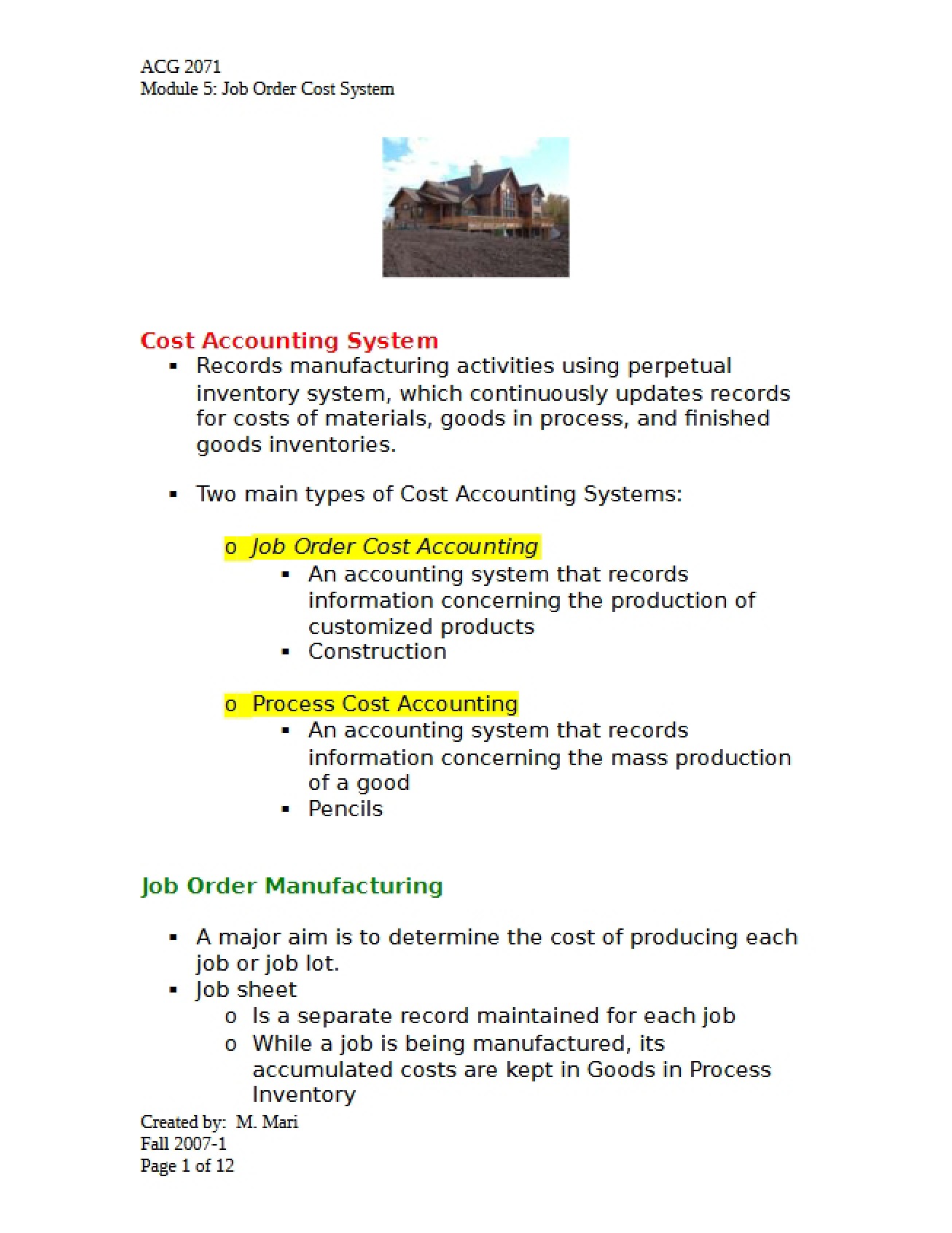 Cost System for Job Orders