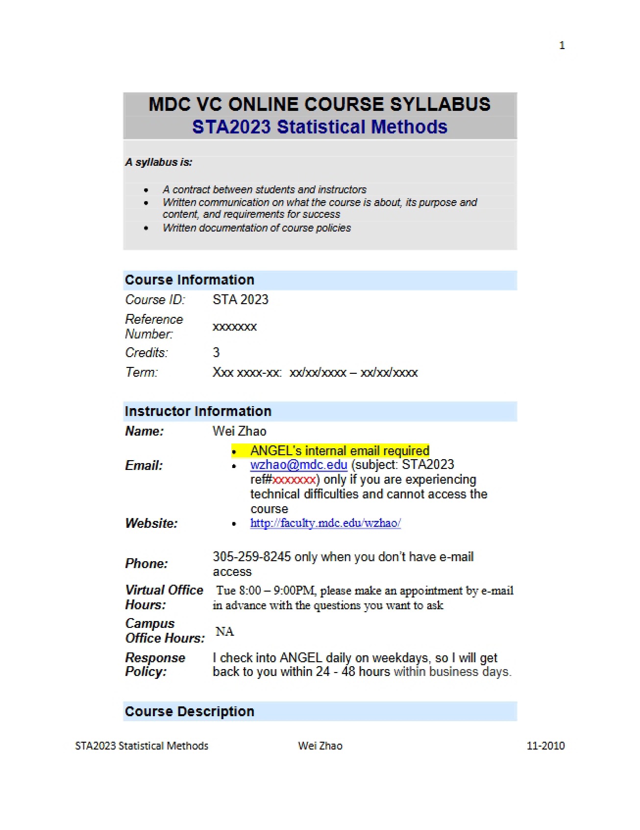 Statistical Methods Syllabus - 10 Pages