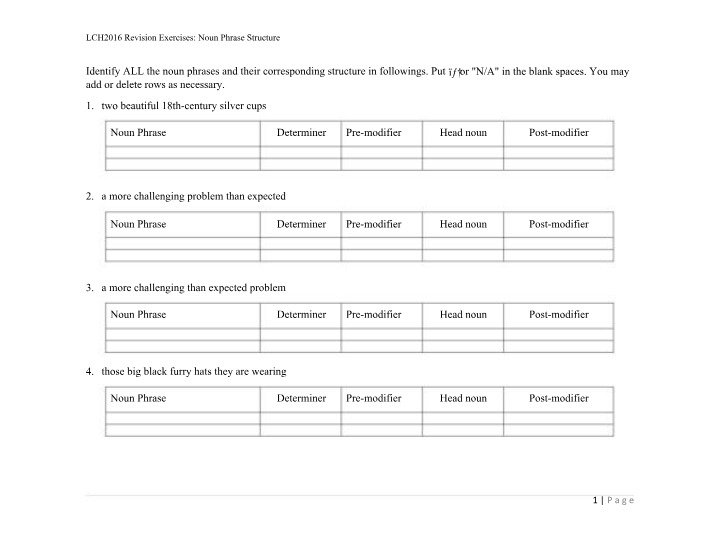Noun Phrase Structure - Exercises and Examples