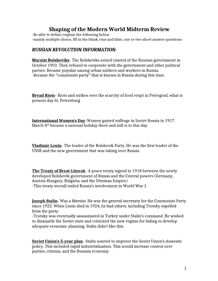 Midterm Review for Shaping the Modern World