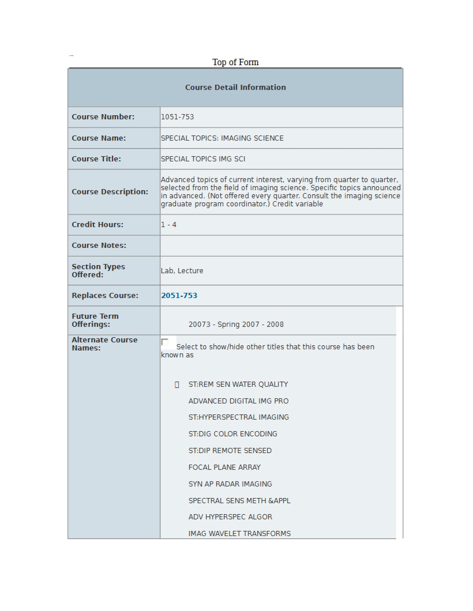 Course Details for Special Topics