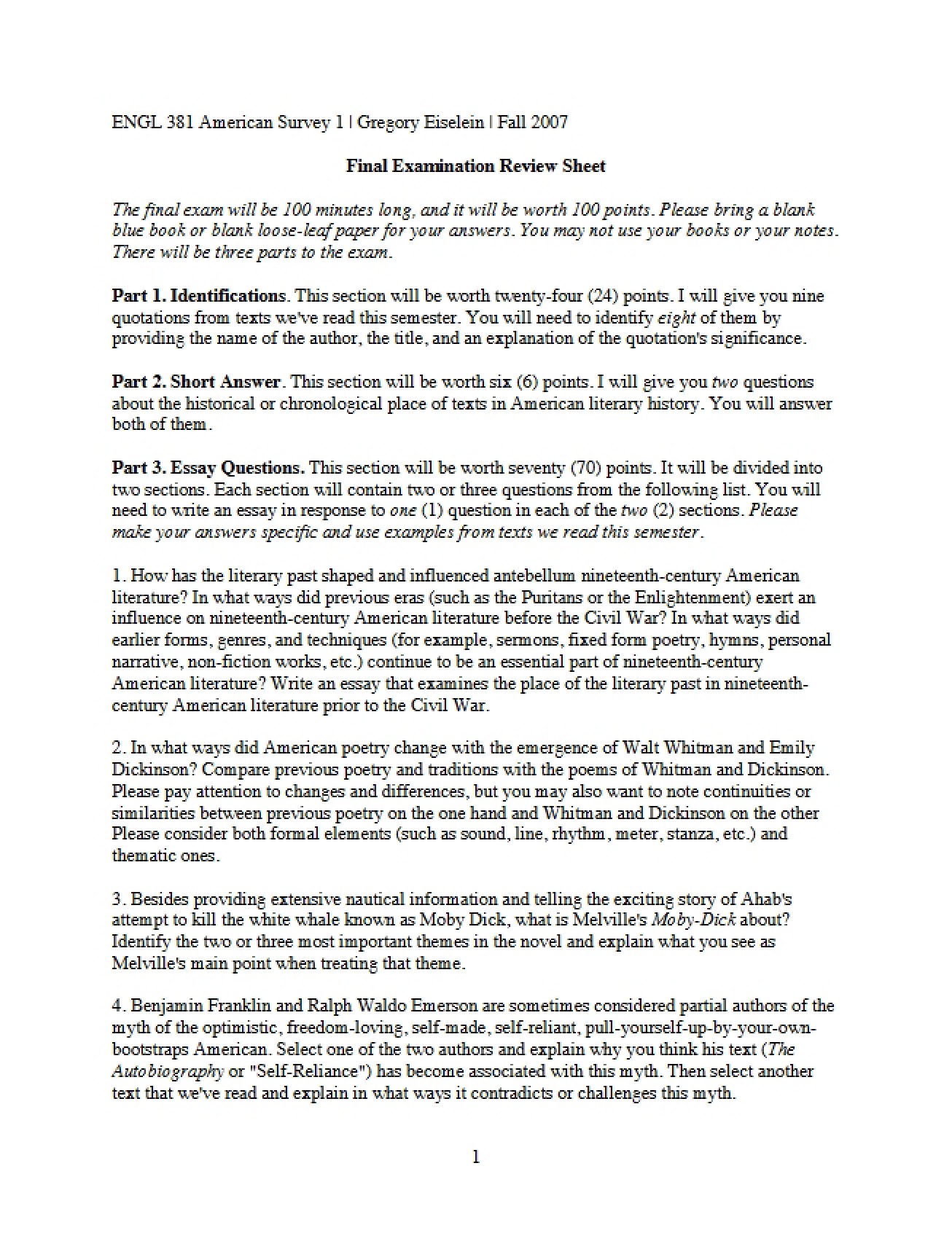 Final Examination Review Sheet for an American Survey Course