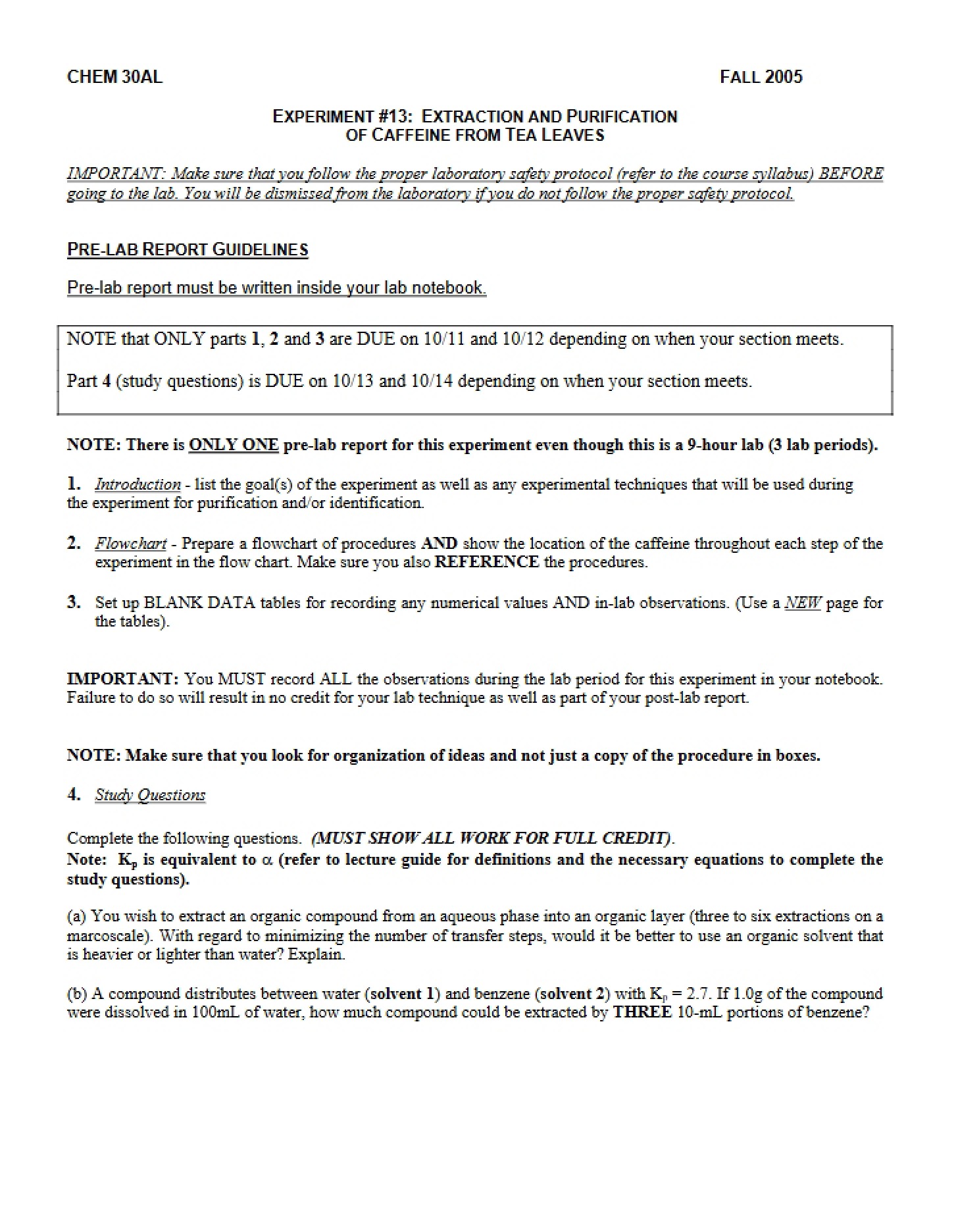 Caffeine Extraction 13 Report Guidelines