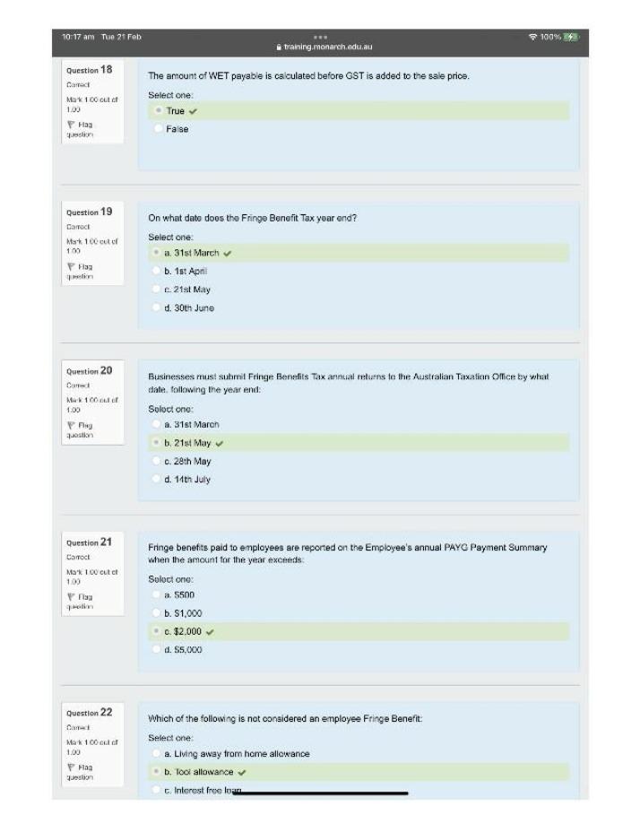 Quiz - Fringe Benefit Tax Calculation, Due Dates, and Employee Benefits