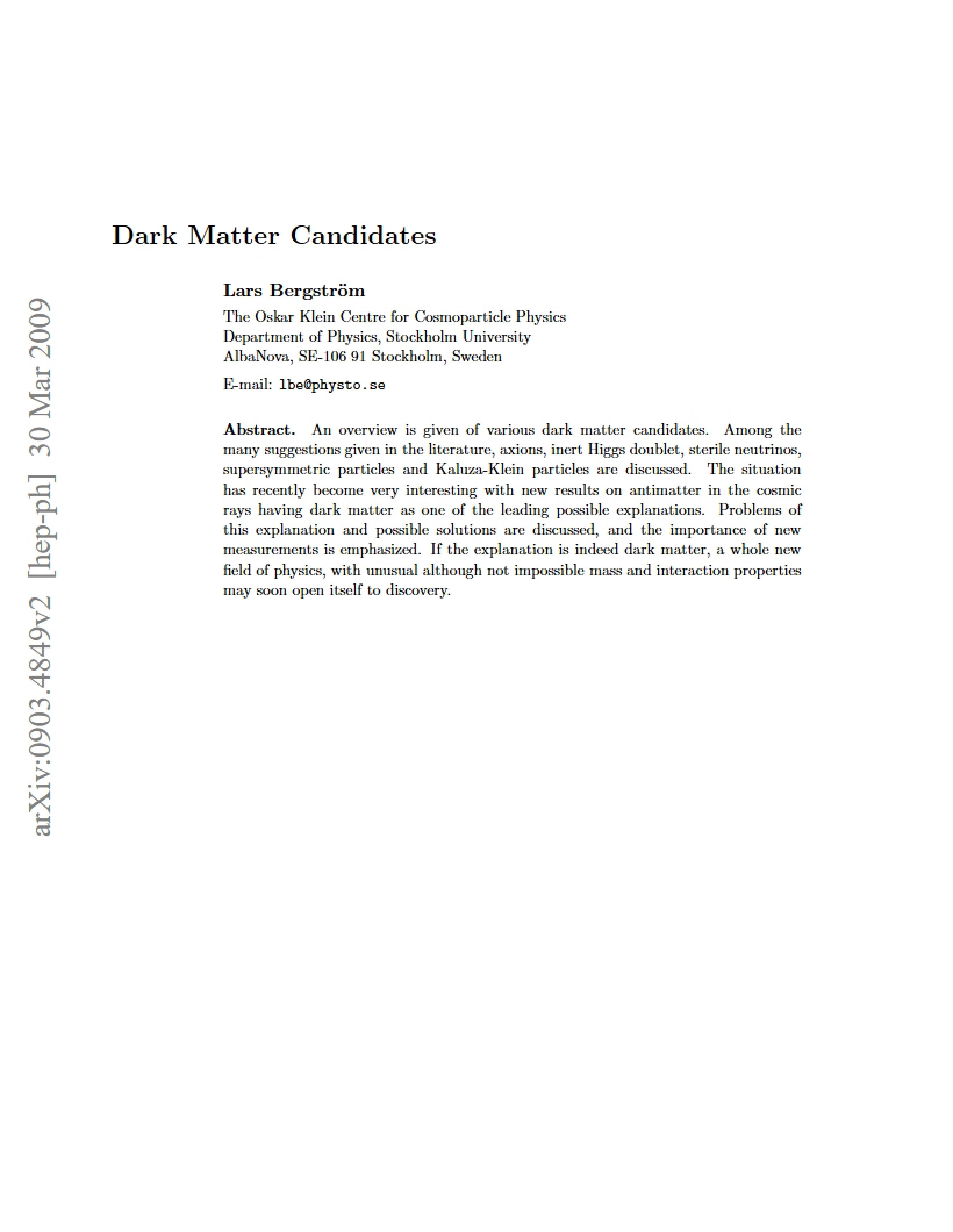 Candidates for Dark Matter