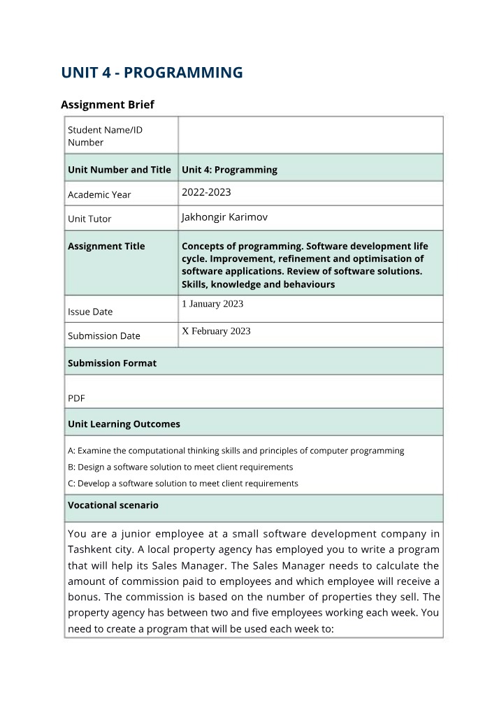 Software Development Life Cycle and Programming Concepts Assignment