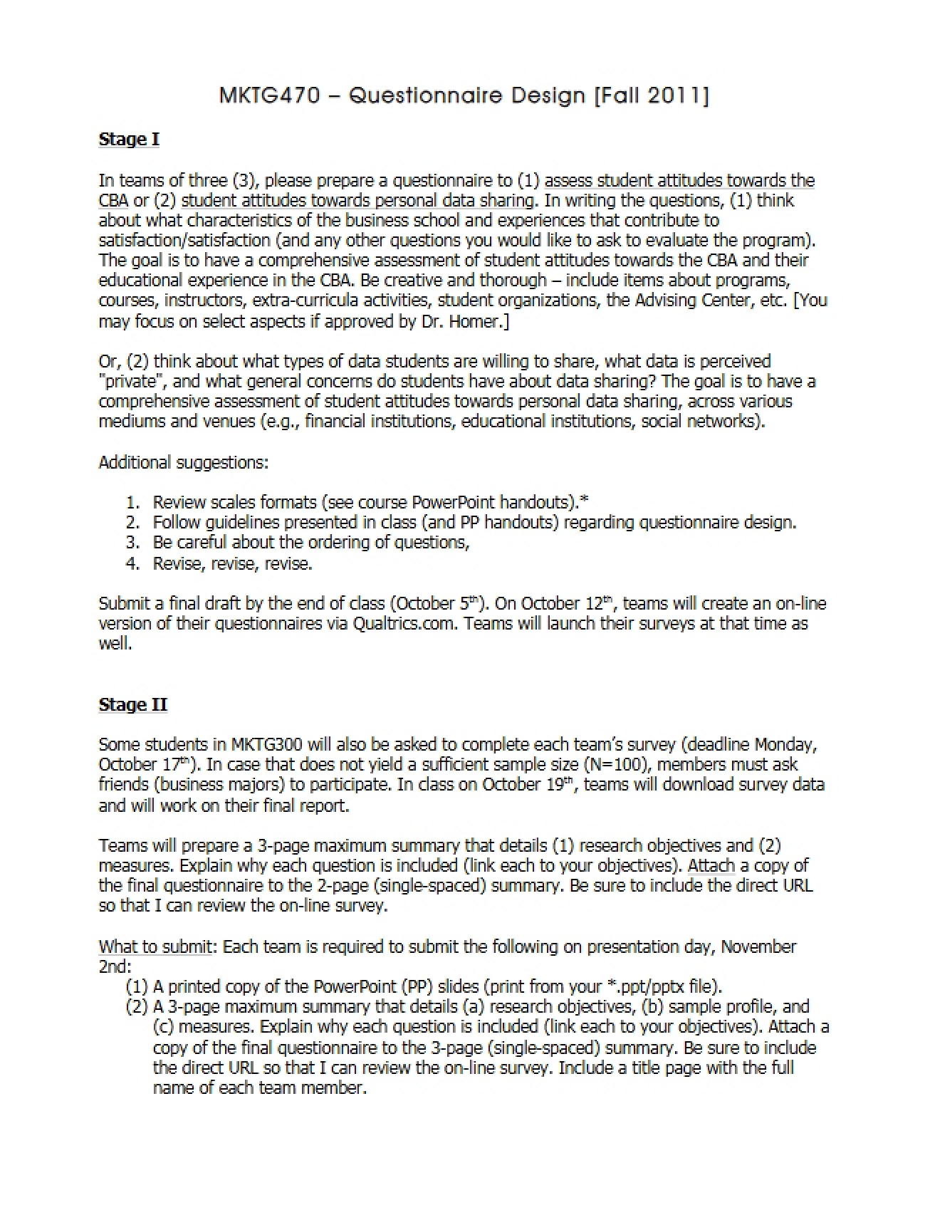Design of Questionnaires Fall 2011