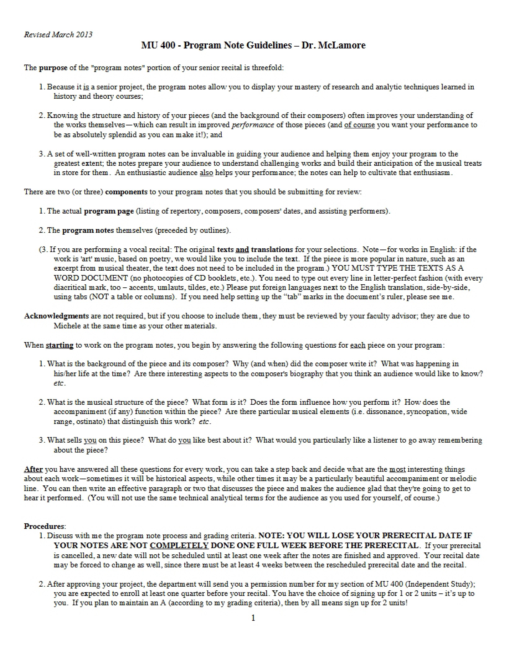 Guidelines for Program Notes