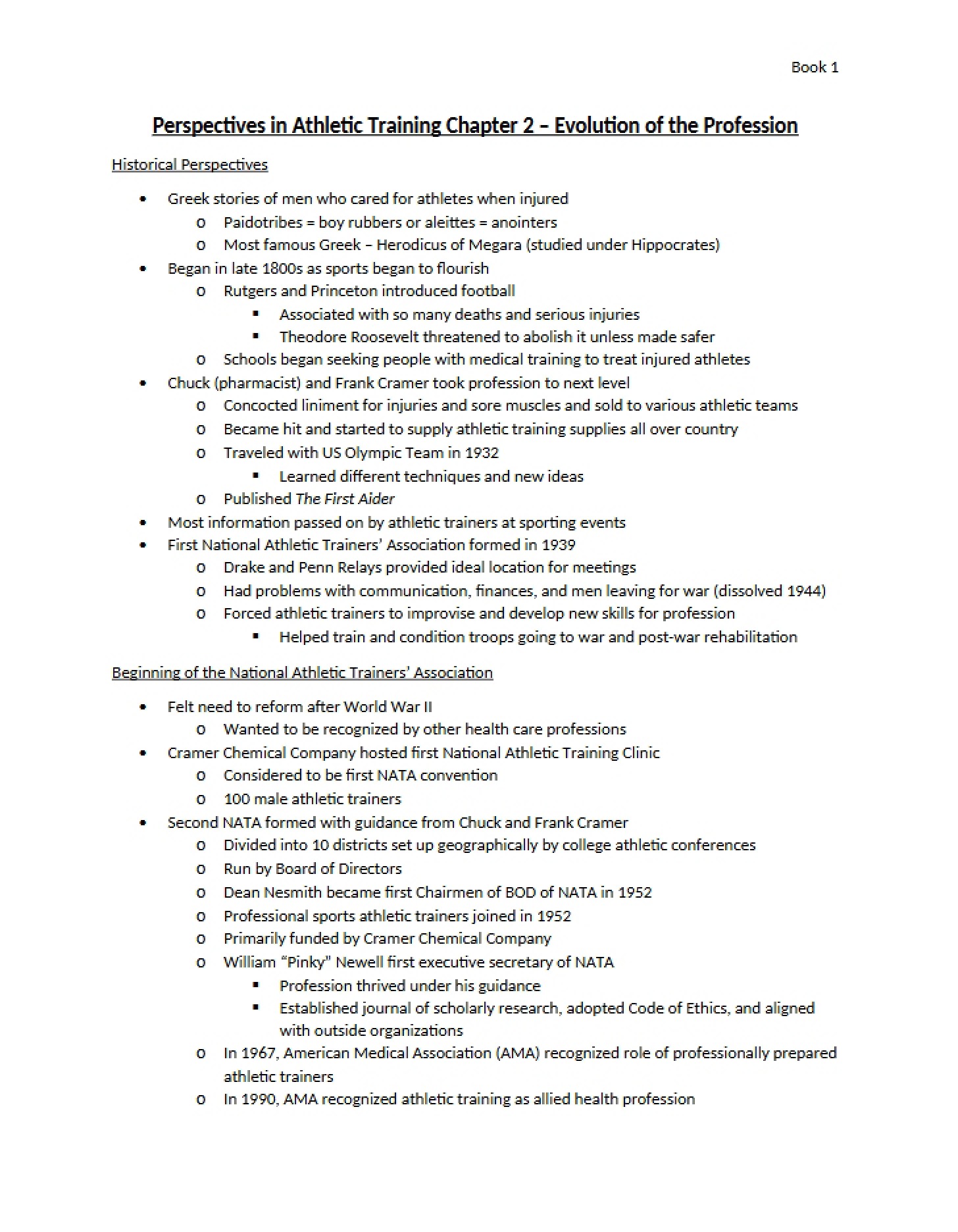 Evolution of the Profession Perspectives in Athletic Training Ch 2