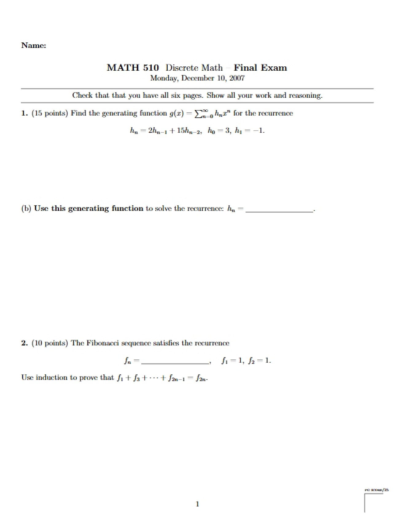 Final Examination in a Discrete Mathematics Course