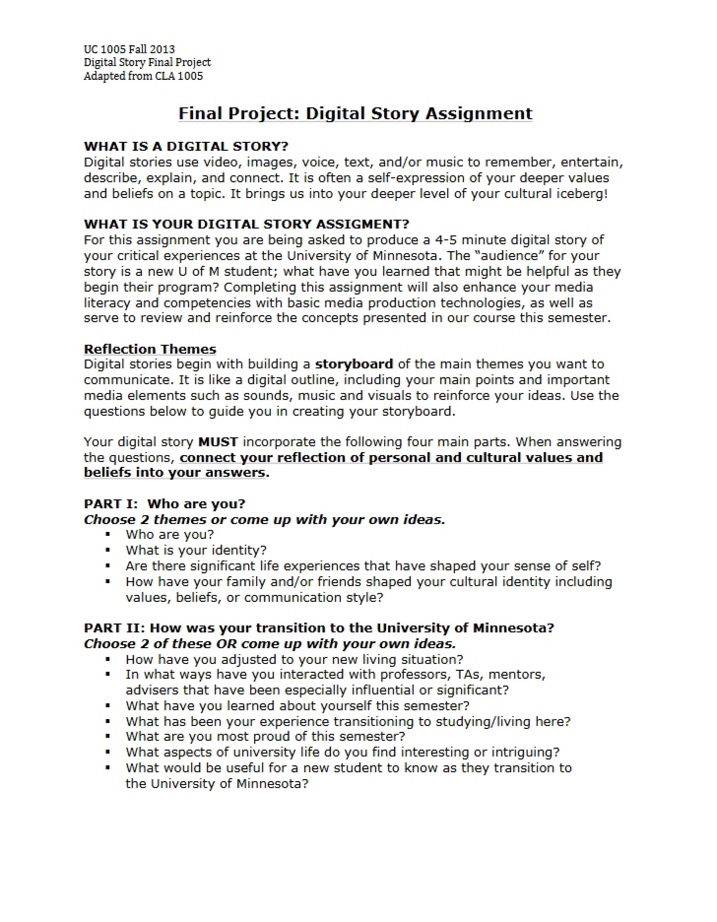 Assignment and Rubric Digital Story (Fall 2013)
