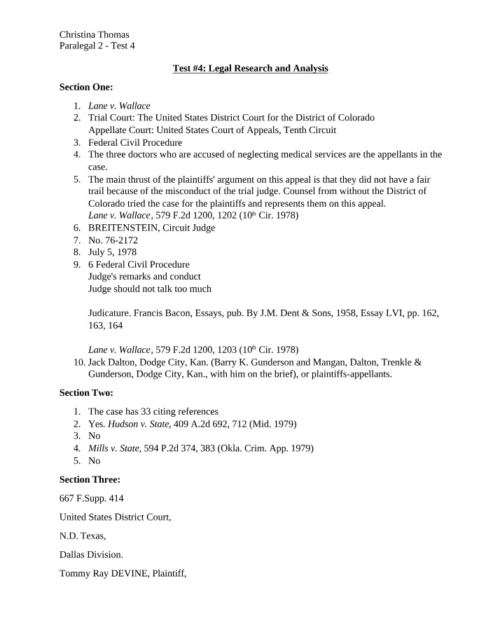 Legal Research and Analysis - Test 4