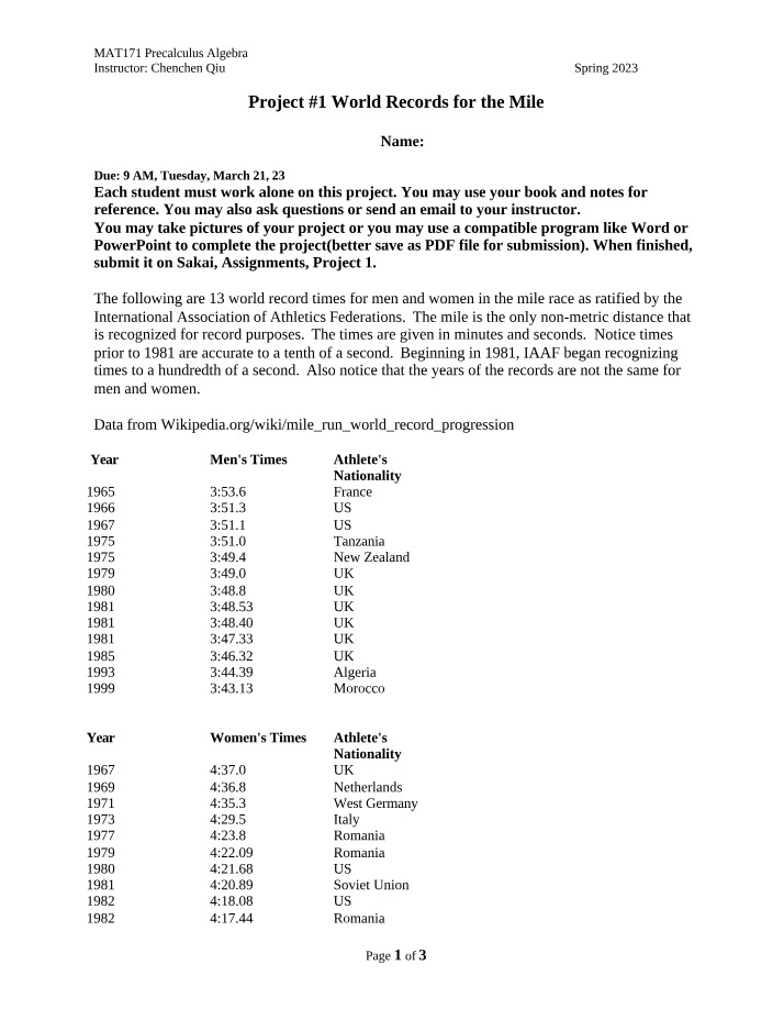 World Records for the Mile - Project 1