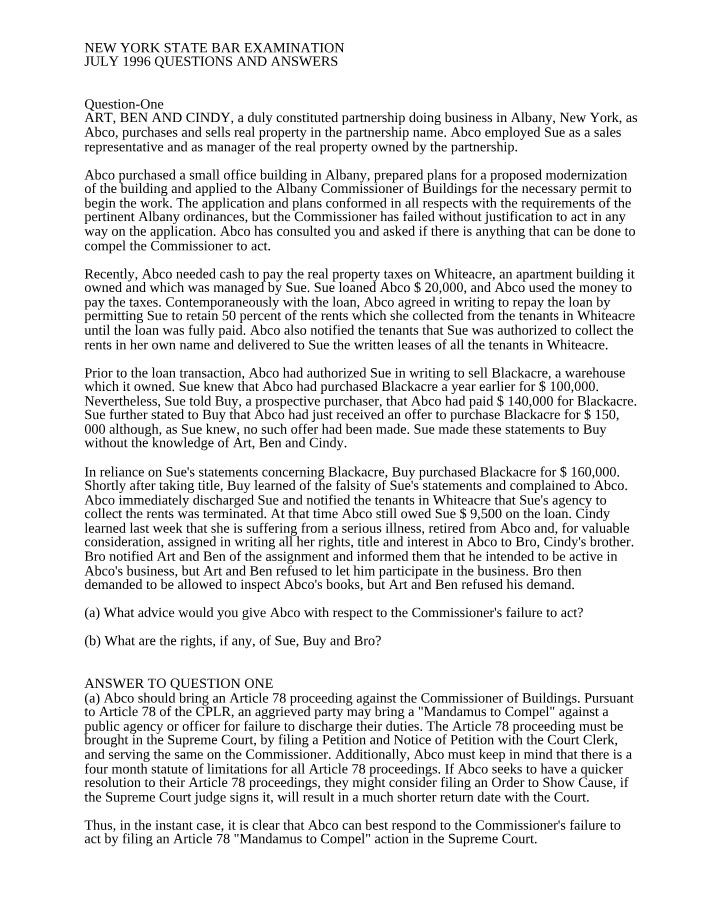 July 1996 New York State Bar Examination Q&A